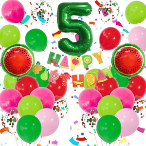 Watermelon theme 5th birthday balloon set with number 5 foil and fruit party banner
