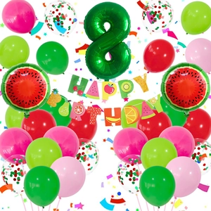 Fruit themed party set featuring number 8 balloon, watermelon foil and happy birthday banner