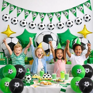 Soccer theme party decoration set with balloons, bunting flags, and football trophy designs