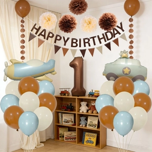 Airplane and car balloon set for boy 1st birthday party with earthy tone banners