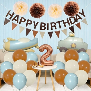 Retro airplane and bus theme birthday party set with brown blue balloons and banners