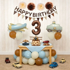 Vintage airplane and police car balloon set for children's 3rd birthday party decor