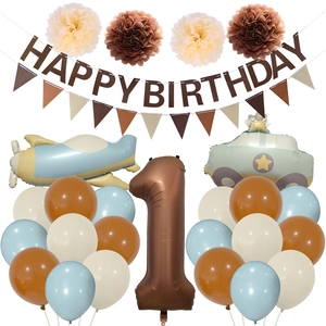 Detailed retro transport birthday set with plane balloons and happy birthday banners