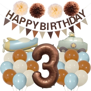 Morandi earth tone 3rd birthday party set with plane car balloons and felt banner