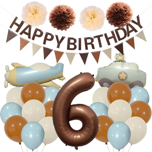 Detail of 6th birthday decoration set with airplane balloons and felt banners