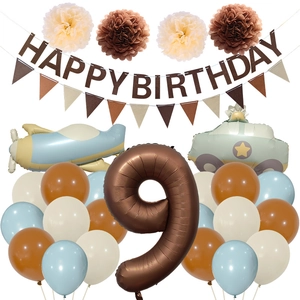 9th birthday party kit with plane, car balloons, and Happy Birthday felt banner decoration