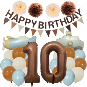 Retro earth-tone birthday decoration set with airplane balloons and Happy Birthday banner