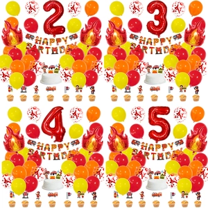 Ensemble Décoration Fête Anniversaire Thème Pompier Bannière Camion Pompier Toppers Gâteau Ballons Latex Flamme