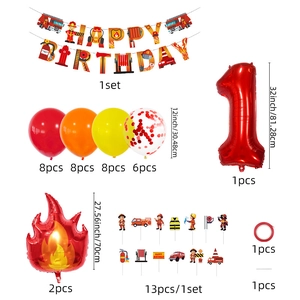 Kit déco anniversaire pompier avec ballons feu, bannière et ballon chiffre 1 rouge