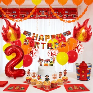 Kit anniversaire pompier avec ballons rouges et flammes en aluminium pour 2 ans