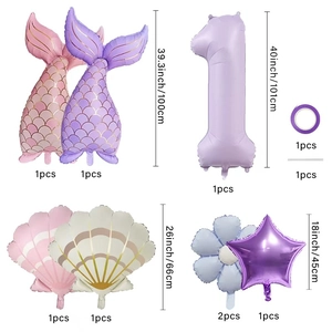 Mermaid 1st birthday balloon set with matte cream purple shell and number 1 foil balloons