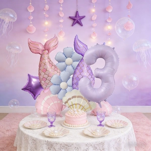 Mermaid themed 3rd birthday balloon set with shell and matte cream purple foil balloons