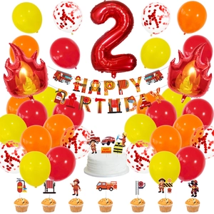 Déco 2ème anniversaire pompiers avec ballon chiffre 2 bannière et cake toppers