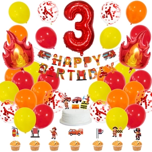 Décoration 3ème anniversaire camion de pompier avec ballons, bannière et toppers