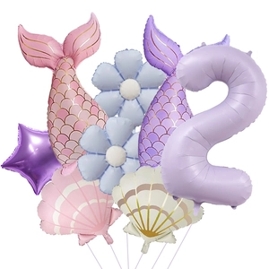 Mermaid party balloon set with number 2, shell, tail and star in pastel matte colors