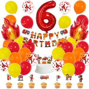 Kit fête pompier avec ballon chiffre 6, flammes, bannières et décorations gâteaux