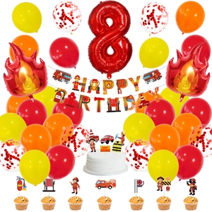 Kit 8e anniversaire pompier avec chiffre 8 rouge, ballons flamme et toppers gâteau