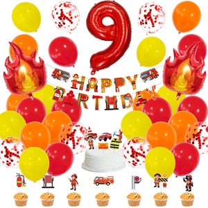 Détails du kit d'anniversaire pompier avec ballon chiffre 9 rouge et flammes