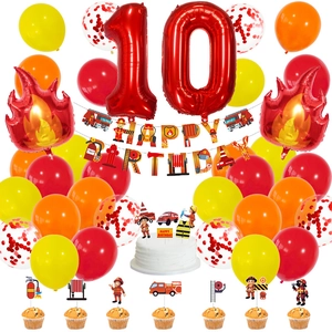 Set d'anniversaire pompier avec ballon rouge chiffre 10 et décorations de fête flammes