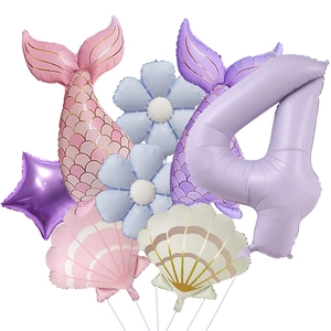 Mermaid shell balloon set with number 4 and purple fish tails for birthday party decor