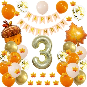 Détail du kit 3ème anniversaire avec ballons feuille d'érable, gland et bannière de fête