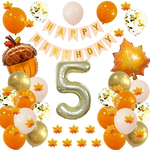 Kit anniversaire thème automne avec ballons érable et bannière Happy Birthday
