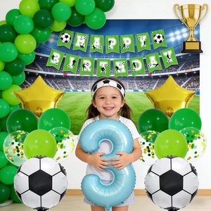 Soccer theme birthday party decoration set with green balloons and stadium backdrop