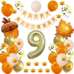 Kit 9ème anniversaire thème automne avec ballon chiffre 9 doré et décor érable