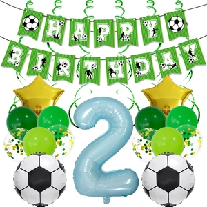 Detail of football themed 2nd birthday decor set with number 2 balloon and soccer banner