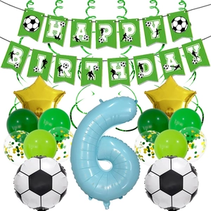 Close-up of football theme birthday kit with balloons, star decor and a large number 6