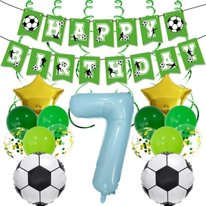 Detail of 7th birthday football party set with Happy Birthday banner and foil balloons