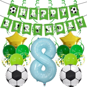 Detail of football birthday party set with green banner, number 8 and star balloons