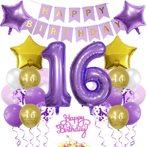 Kit déco 16ème anniversaire violet et or avec ballons et bannière Happy Birthday
