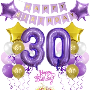 Kit déco détaillé 30e anniversaire violet et or avec ballons et bannière festive