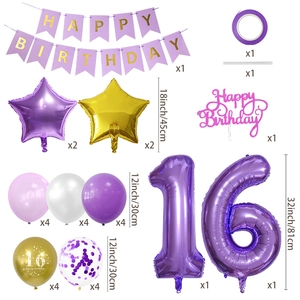 Détails du kit de décoration 16e anniversaire avec bannières mauves et ballons dorés