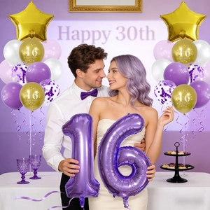 Kit ballons 16e anniversaire avec chiffre 16 violet et étoiles dorées pour décor