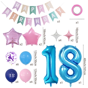 Détails du kit de ballons pour 18e anniversaire avec dimensions et quantités incluses