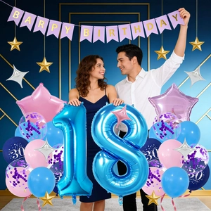 Gros plan de ballons 18 en aluminium bleu avec étoiles et bannière de fête d'anniversaire
