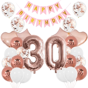 Déco 30e anniversaire or rose avec bannière Happy Birthday et ballons à confettis