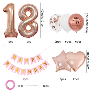 Détails du kit 18e anniversaire avec ballons chiffres or rose et latex confettis