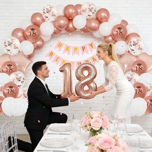 Décoration de fête 18 ans or rose avec ballons chiffres en aluminium et bannière anniversaire