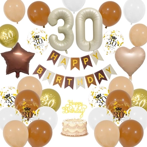 Kit décoration 30e anniversaire avec ballons marron et or et bannière Happy Birthday détaillée