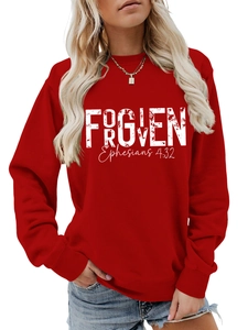 Detail of red crewneck sweatshirt with white Forgiven Ephesians 4:32 vintage print