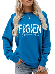 Detail of royal blue sweatshirt showing white distressed FORGIVEN Ephesians 4:32 print