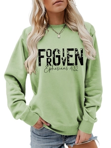 Detailed front view of Light Green sweatshirt featuring black FORGIVEN Ephesians 4:32 print