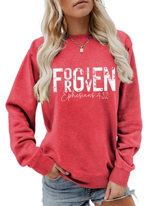 Detail of red crewneck sweatshirt with white Forgiven print and Ephesians verse