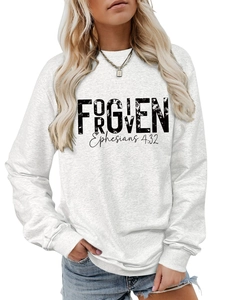 Detail of white cotton sweatshirt featuring black Forgiven Ephesians 4:32 printed text