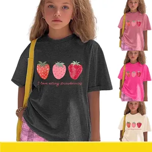 T-Shirt à Manches Courtes en Mélange de Coton Décontracté pour Enfants Filles Imprimé Fraise Graphique Lettre Été Col Rond