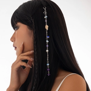 Bohemian silver long hair chain with natural purple stones and seashells for women