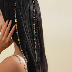 Cadena para el pelo bohemia dorada con piedras de colores y colgante de sol